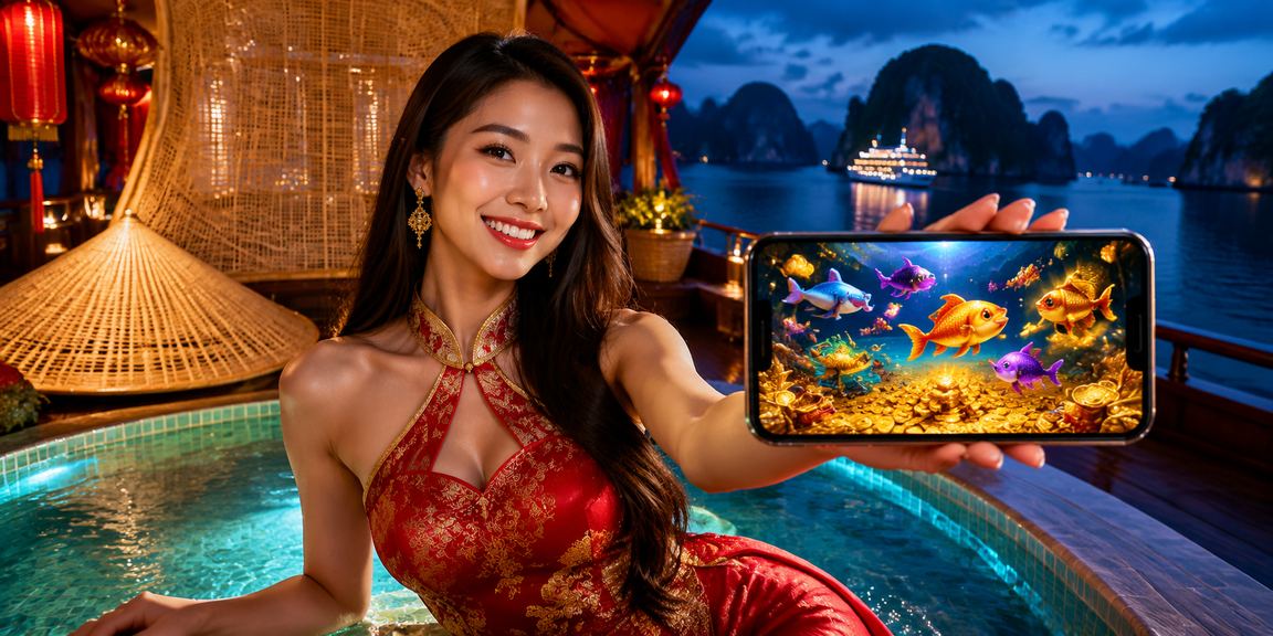 Người dùng đội nón lá truy cập ứng dụng casino trên vịnh Hạ Long